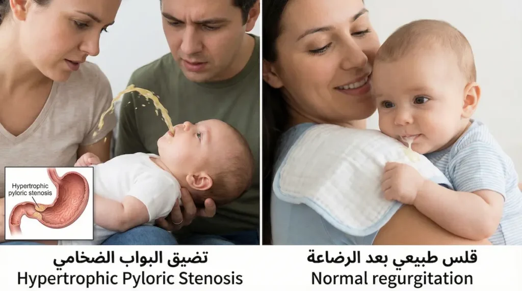 صورتان متجاورتان توضّحان الفرق بين القلس الطبيعي عند الرضيع والقيء القذفي الناتج عن تضيق البواب.