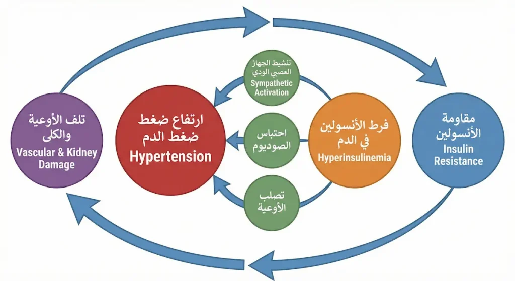 مخطط دائري يوضح الحلقة المفرغة بين مقاومة الأنسولين وفرط الأنسولين وتنشيط الجهاز العصبي الودي واحتباس الصوديوم وارتفاع ضغط الدم وتلف الأوعية والكلى