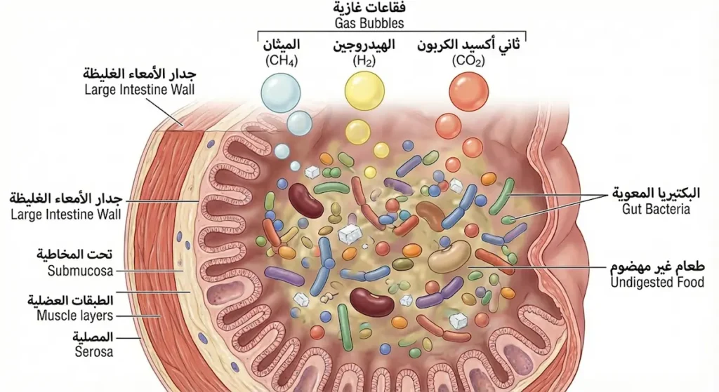 رسم مكبر لداخل الأمعاء الغليظة يُظهر البكتيريا المعوية وهي تُفكك الطعام غير المهضوم وتُنتج فقاعات غازية