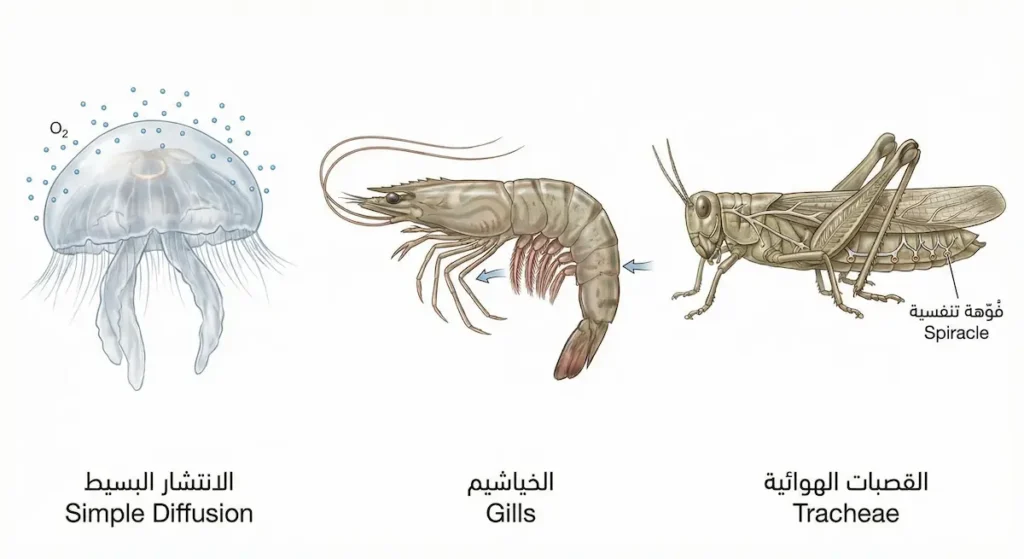 رسم توضيحي علمي يُقارن بين ثلاث آليات تنفس عند اللافقاريات من اليمين إلى اليسار القصبات الهوائية في الحشرات والخياشيم في القشريات والانتشار البسيط في قناديل البحر مع تسميات بالعربية والإنكليزية