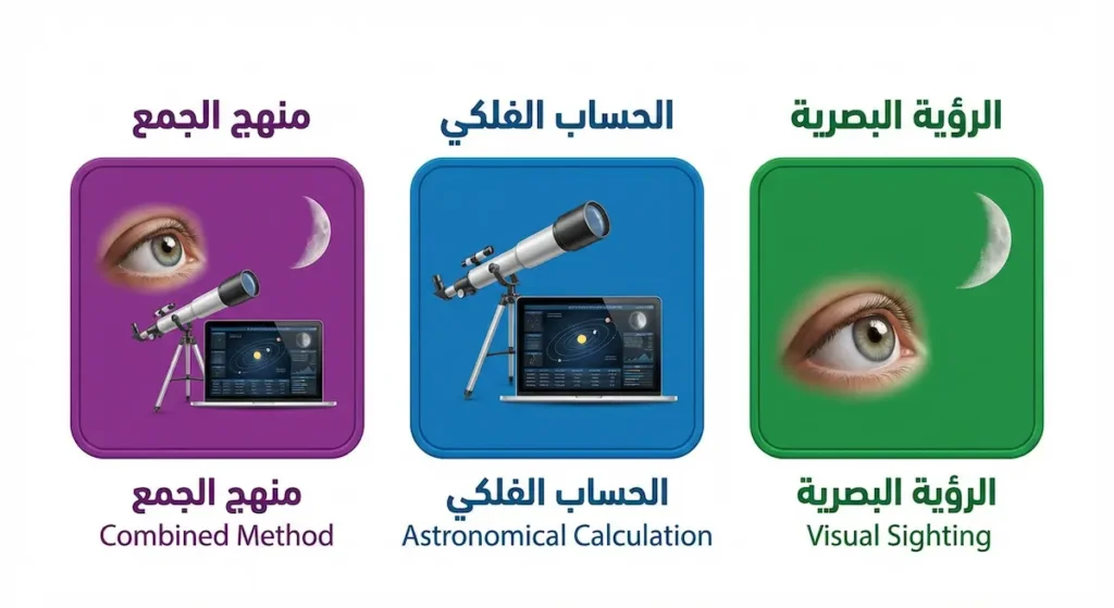 رسم توضيحي يقارن بين ثلاثة مناهج لتحديد بداية الشهر: الرؤية البصرية والحساب الفلكي ومنهج الجمع بينهما