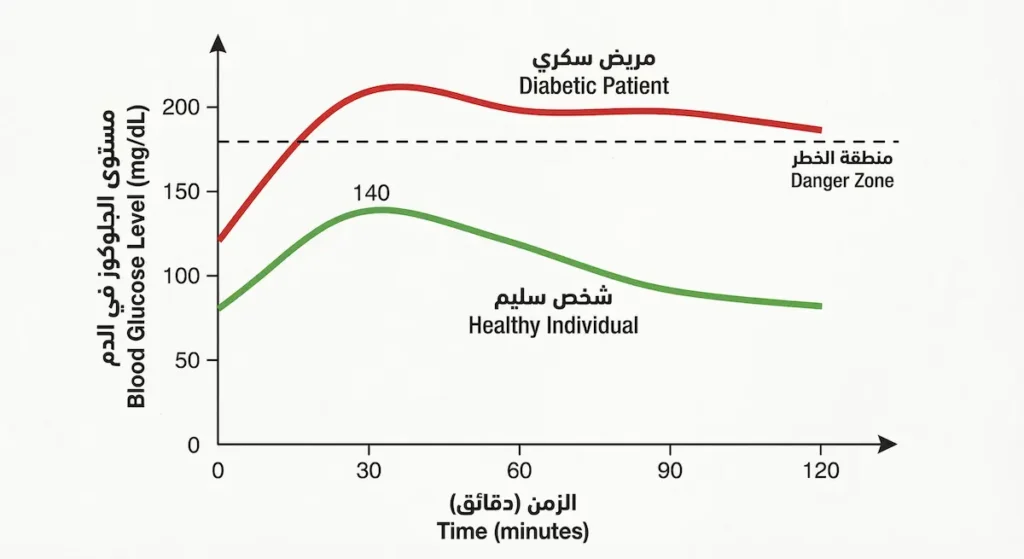 رسم بياني يُقارن ارتفاع مستوى الجلوكوز في الدم بعد شرب الجلاب بين شخص سليم ومريض سكري على مدار 120 دقيقة