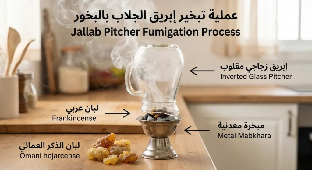 إبريق زجاجي مقلوب فوق مبخرة تقليدية يتصاعد منها دخان لبان الذكر العُماني لتبخير الجلاب