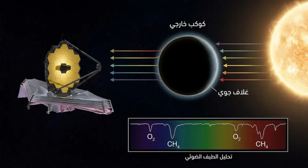 رسم توضيحي يُظهر كيف يحلل تلسكوب جيمس ويب الفضائي الضوء المار عبر الغلاف الجوي لكوكب خارجي بحثاً عن بصمات حيوية مثل الأكسجين والميثان
