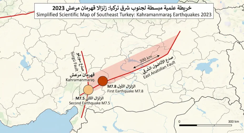 خريطة توضح موقعي الزلزالين المزدوجين في قهرمان مرعش فبراير 2023 على صدع الأناضول الشرقي وصدع سورغو مع منطقة الانزلاق