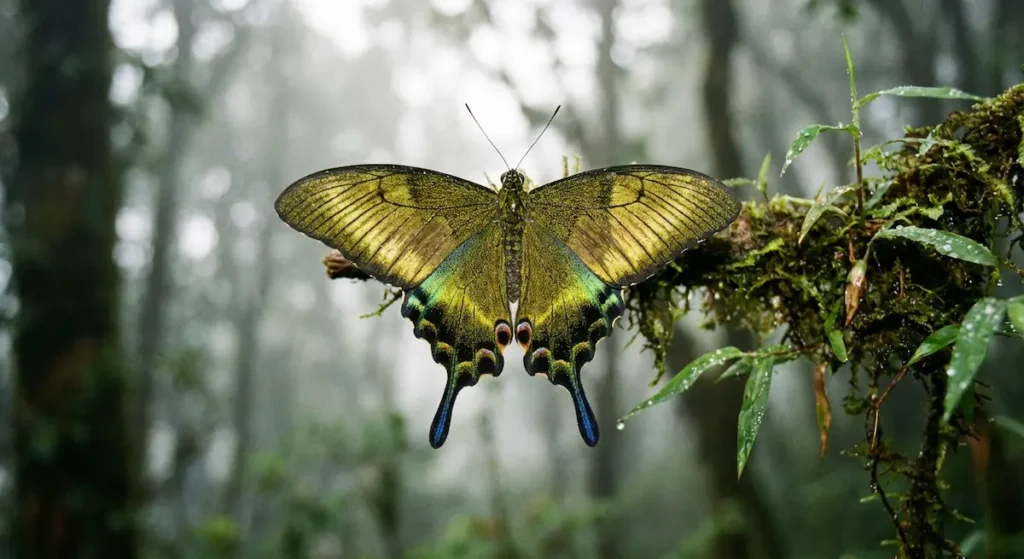 فراشة كايزر الهند خضراء ذهبية لامعة بذيول أنيقة في بيئة جبلية