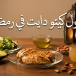 مائدة إفطار رمضانية تضم أطباق كيتو دايت صحية مثل الدجاج المشوي والأفوكادو والسلطة مع فانوس رمضاني مضاء وعبارة جدول كيتو دايت في رمضان
