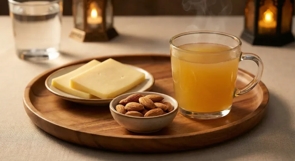 وجبة كسر صيام كيتونية تتكون من كوب شوربة عظام دافئة وحبات لوز نيء وشرائح جبنة كاملة الدسم على صينية خشبية