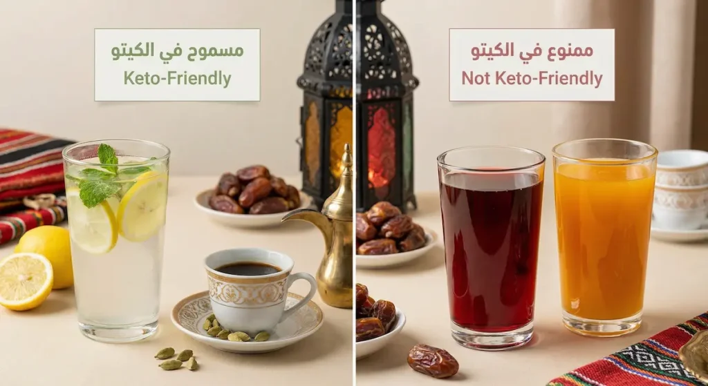 مقارنة بين مشروبات رمضانية ممنوعة في الكيتو مثل الفيمتو وقمر الدين ومشروبات مسموحة مثل ماء الليمون بالنعناع والقهوة العربية