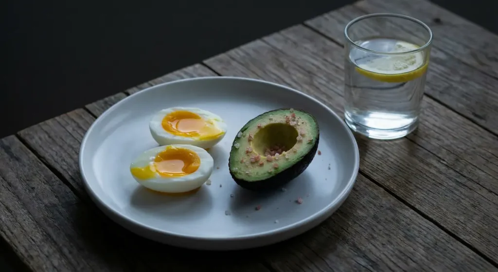 وجبة سحور كيتونية تتكون من بيضتين مسلوقتين ونصف أفوكادو مع رشة ملح هيمالايا وكوب ماء بالليمون
