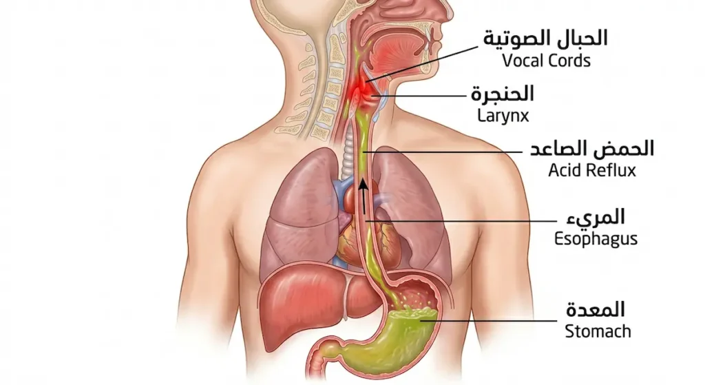  رسم تشريحي يوضح صعود حمض المعدة عبر المريء إلى الحنجرة مسبباً تهيج الحبال الصوتية في حالة الارتجاع الحنجري الصامت