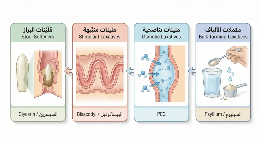 رسم توضيحي يُظهر أربع فئات من الملينات هي مكملات الألياف والملينات التناضحية والمنبّهة وملينات البراز مع أمثلة لكل فئة