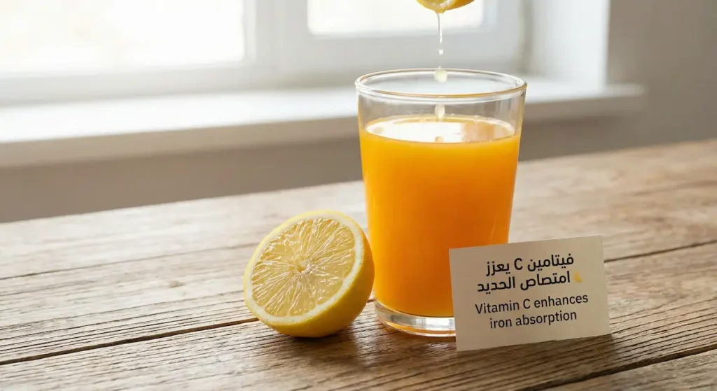 كوب شراب قمر الدين بجانب نصف ليمونة طازجة توضح كيف يعزز فيتامين C امتصاص الحديد النباتي الموجود في المشروب