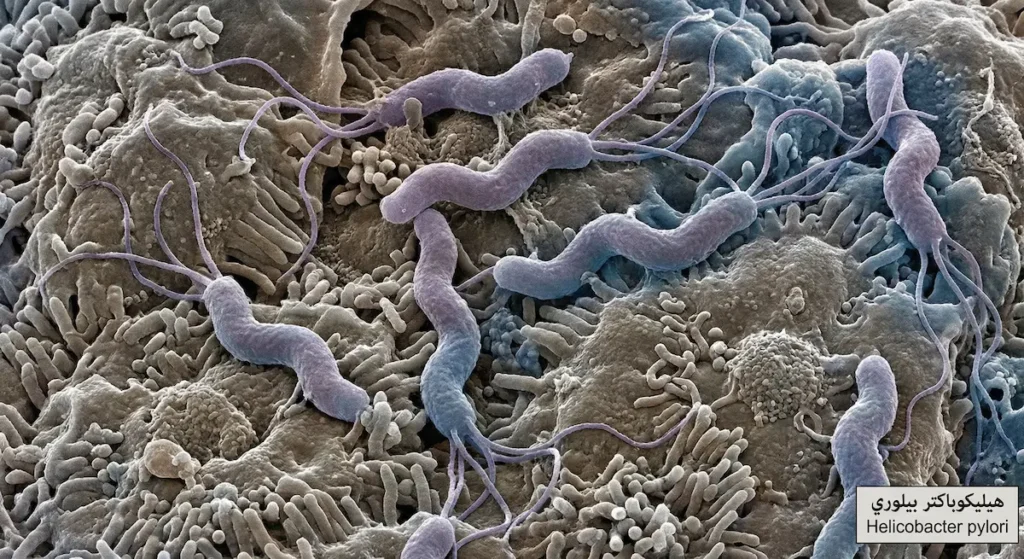 صورة مجهرية واقعية لبكتيريا هيليكوباكتر بيلوري على سطح الغشاء المخاطي للمعدة