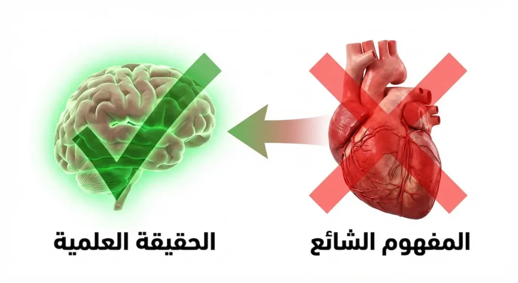 مقارنة توضيحية بين القلب والدماغ تُظهر أن الدماغ هو المركز الحقيقي لمشاعر الحب وليس القلب