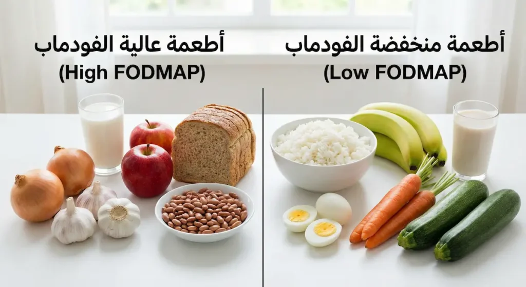  طاولة مطبخ تعرض مقارنة بين أطعمة منخفضة الفودماب مثل الأرز والموز والجزر وأطعمة عالية الفودماب مثل البصل والثوم والتفاح والحليب