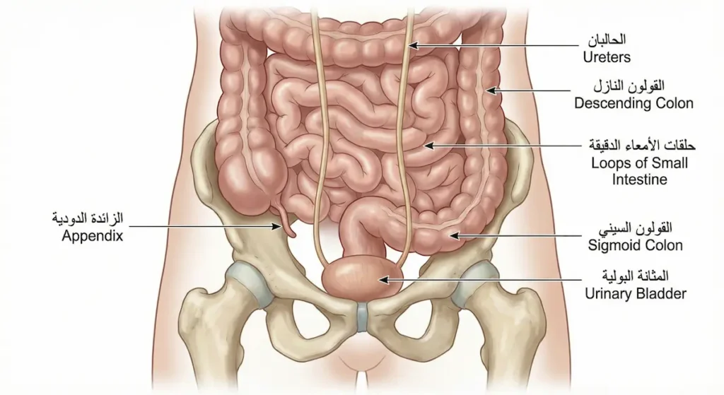 رسم تشريحي واقعي يُظهر أعضاء أسفل البطن مثل الزائدة الدودية والقولون السيني والمثانة البولية والحالبين والأمعاء الدقيقة