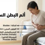 شخص يجلس على حافة سرير ويمسك أسفل بطنه بتعبير ألم مع نص "ألم البطن السفلي"