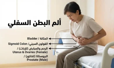 شخص يجلس على حافة سرير ويمسك أسفل بطنه بتعبير ألم مع نص "ألم البطن السفلي"