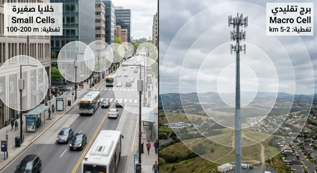 مقارنة توضيحية بين برج الاتصالات الضخم التقليدي والخلايا الصغيرة المنتشرة في المدن