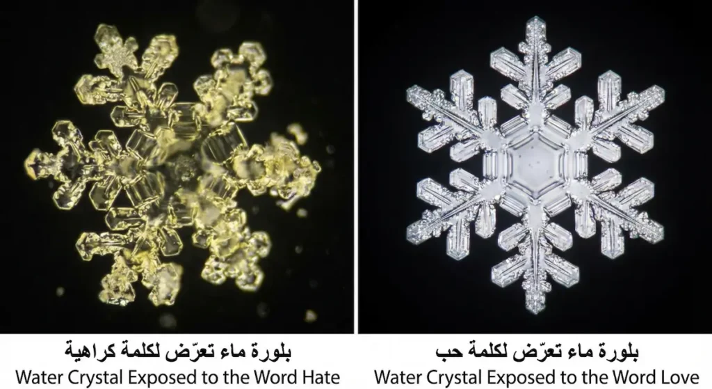 مقارنة مجهرية بين بلورة ماء منتظمة وجميلة تعرضت لكلمة حب وبلورة مشوهة ومفككة تعرضت لكلمة كراهية من تجارب مسارو إيموتو