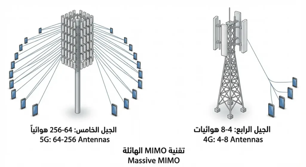 مقارنة توضيحية بين عدد الهوائيات في الجيل الرابع والجيل الخامس باستخدام تقنية Massive MIMO