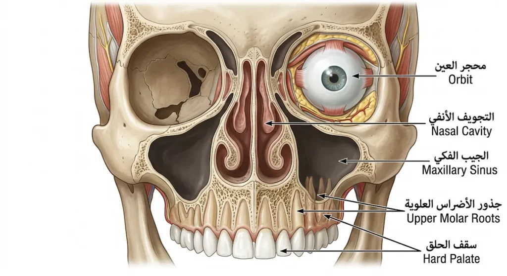 مقطع تشريحي أمامي إكليلي في جمجمة إنسان يُظهر الجيب الفكي وعلاقته بمحجر العين في الأعلى والتجويف الأنفي من الداخل وجذور الأضراس العلوية في الأسفل وسقف الحلق