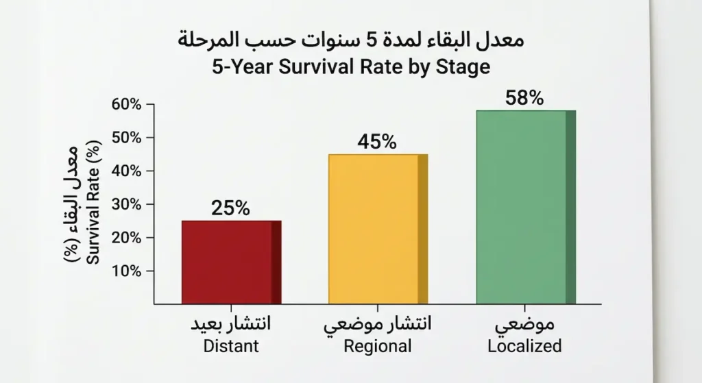 رسم بياني عمودي يُظهر معدلات البقاء على قيد الحياة لمدة خمس سنوات لسرطان الجيب الفكي بنسبة 58 بالمئة للمرحلة الموضعية و45 بالمئة للانتشار الموضعي و25 بالمئة للانتشار البعيد