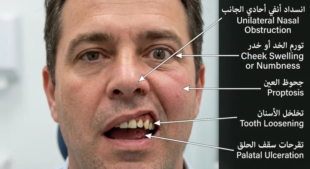 وجه إنسان بالغ من الأمام يُظهر مواقع أعراض سرطان الجيب الفكي على جهة واحدة تشمل الانسداد الأنفي وتورم الخد وجحوظ العين وتخلخل الأسنان وتقرحات سقف الحلق