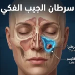 صورة توضيحية طبية تُظهر وجه إنسان بشكل نصف شفاف يكشف موقع الجيب الفكي تحت العين مع وجود كتلة ورمية بداخله وعنوان سرطان الجيب الفكي