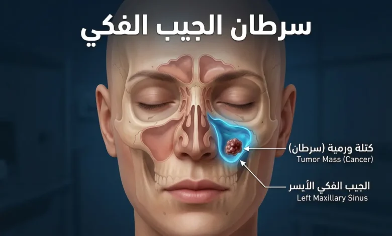 صورة توضيحية طبية تُظهر وجه إنسان بشكل نصف شفاف يكشف موقع الجيب الفكي تحت العين مع وجود كتلة ورمية بداخله وعنوان سرطان الجيب الفكي