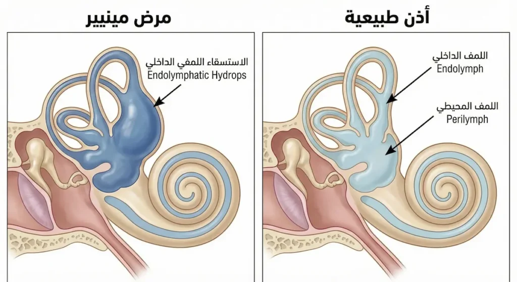 رسم تشريحي يقارن بين أذن داخلية طبيعية بحجم سائل لمفي طبيعي وأذن مصابة بمرض مينيير مع تضخم واضح في الحيز اللمفي الداخلي
