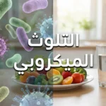 صورة غلاف مقالة التلوث الميكروبي تُظهر مقارنة بين بيئة نظيفة ظاهرياً وملوثات ميكروبية غير مرئية مع عنوان التلوث الميكروبي