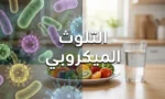 صورة غلاف مقالة التلوث الميكروبي تُظهر مقارنة بين بيئة نظيفة ظاهرياً وملوثات ميكروبية غير مرئية مع عنوان التلوث الميكروبي