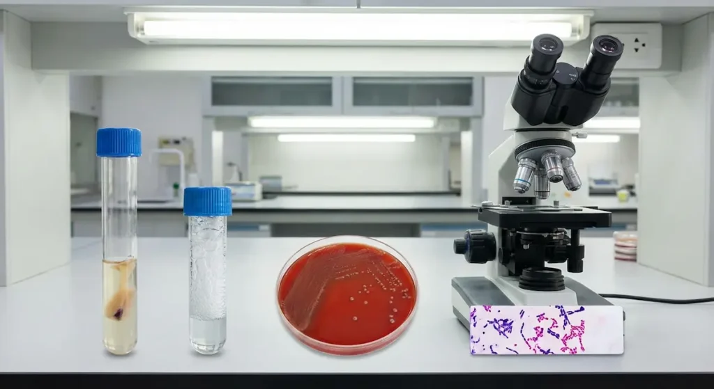  منضدة مختبر أحياء دقيقة تُظهر أدوات التشخيص الأساسية: شريحة صبغة جرام ومجهر وطبق آجار دم وأنابيب اختبار الكتالاز والكواجولاز