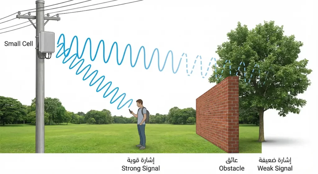 رسم يوضح كيف تضعف الموجات المليمترية عند اصطدامها بالجدران والأشجار