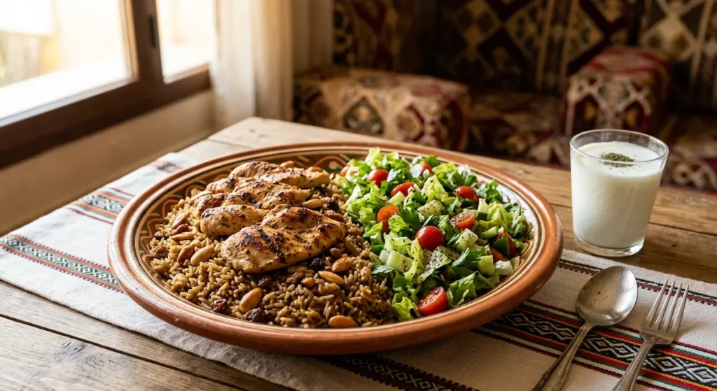 طبق كبسة سعودية معدّلة بأرز بني وصدور دجاج مشوية منزوعة الجلد ونصف الطبق سلطة خضراء مع كوب لبن قليل الدسم على مفرش تقليدي