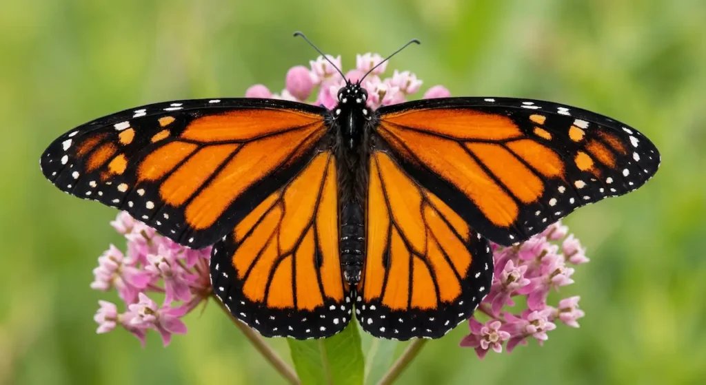 فراشة ملكية برتقالية اللون بعروق سوداء تحط على زهرة صقلاب وردية