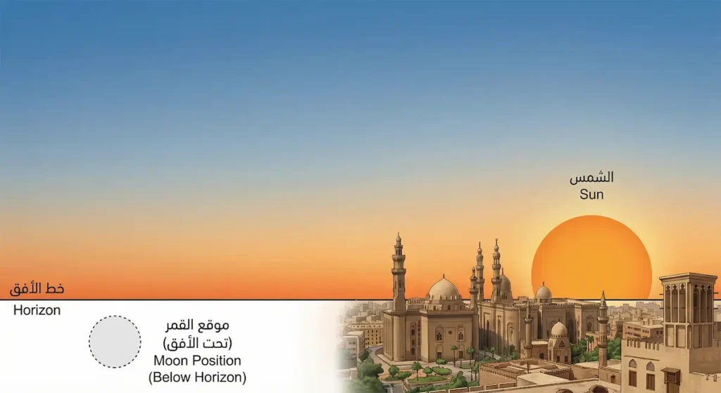 رسم توضيحي يظهر الشمس فوق خط الأفق بينما القمر قد غرب تحت الأفق، موضحاً ظاهرة غروب القمر السلبي التي تمنع رؤية الهلال