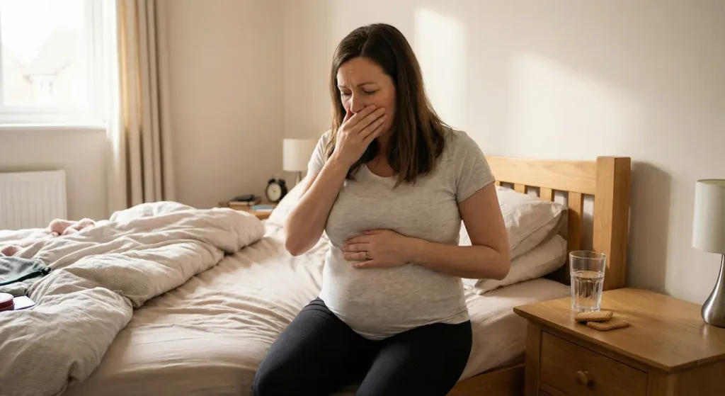 امرأة حامل تجلس على حافة سرير في الصباح وتضع يدها على فمها بتعبير يدل على الغثيان الصباحي مع كوب ماء وبسكويت جاف على طاولة السرير