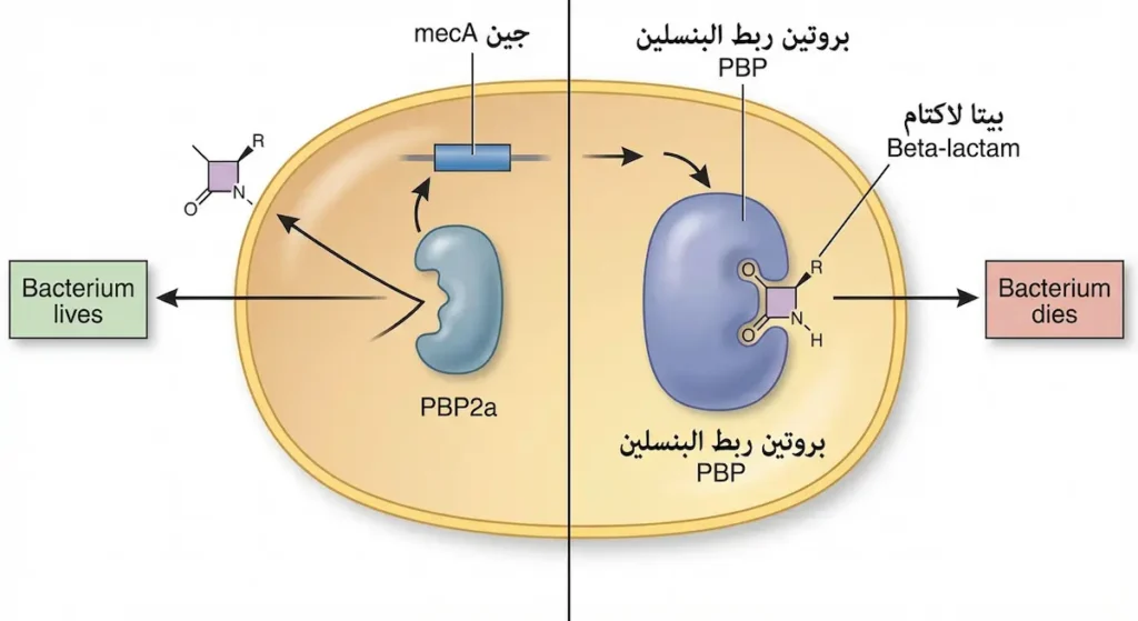 رسم توضيحي يُقارن بين البكتيريا الحساسة للبيتا لاكتام والبكتيريا المقاومة MRSA التي تمتلك بروتين PBP2a البديل المُشفَّر بجين mecA