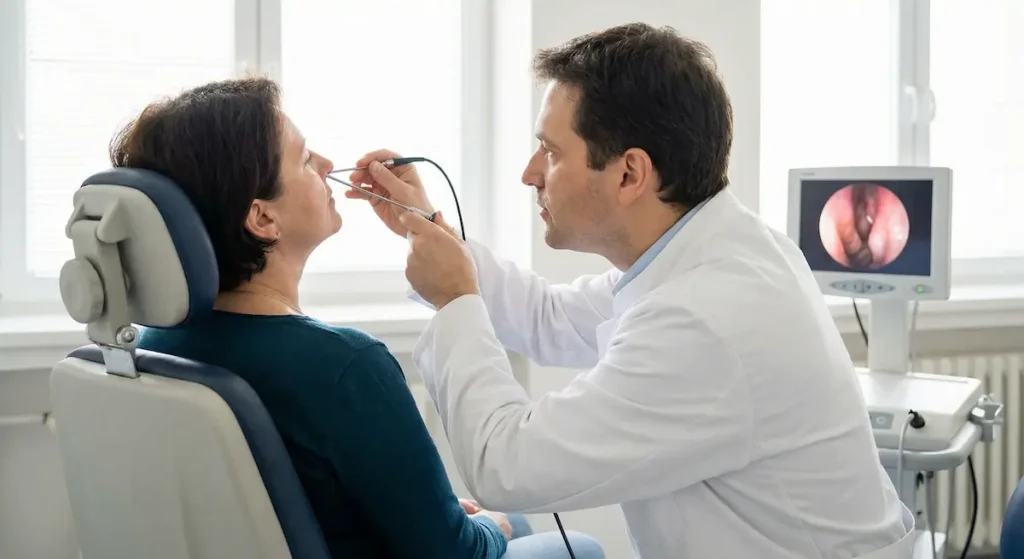 طبيب أنف وأذن وحنجرة يُجري تنظيراً أنفياً لمريض في العيادة باستخدام منظار مرن مع شاشة عرض طبية