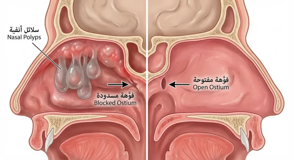  رسم توضيحي طبي يقارن بين تجويف أنفي طبيعي مفتوح وتجويف أنفي مسدود بسلائل أنفية تغلق فتحة تصريف الجيوب