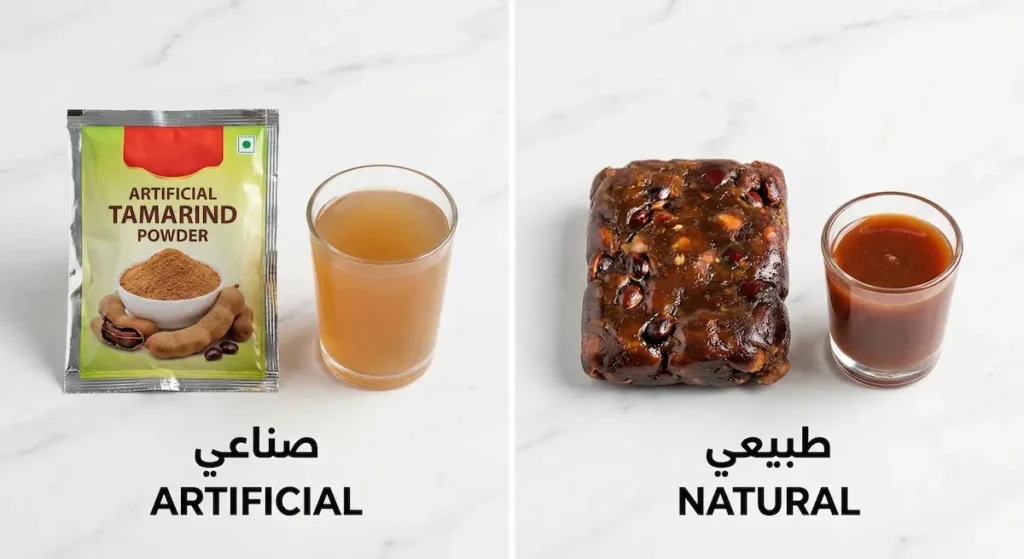 مقارنة بصرية بين لبّ التمر الهندي الطبيعي الخام وشرابه الكثيف وبين بودرة التمر الهندي الصناعية وشرابها المخفف