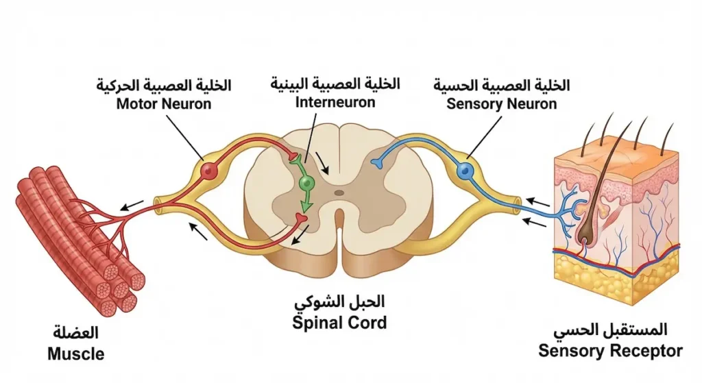  رسم يُظهر ثلاثة أنواع من الخلايا العصبية الحسية والبينية والحركية مع اتجاه نقل الإشارات بينها