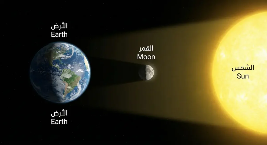 رسم توضيحي ثلاثي الأبعاد يوضح الشمس والقمر والأرض على خط واحد أثناء الاقتران المركزي، حيث يكون القمر بين الشمس والأرض ووجهه المظلم يواجه الأرض