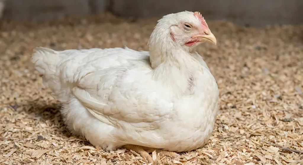  دجاجة مصابة بمرض النيوكاسل تُظهر التواء واضح في الرقبة وهو العرض العصبي المميز المعروف بالتورتيكوليس