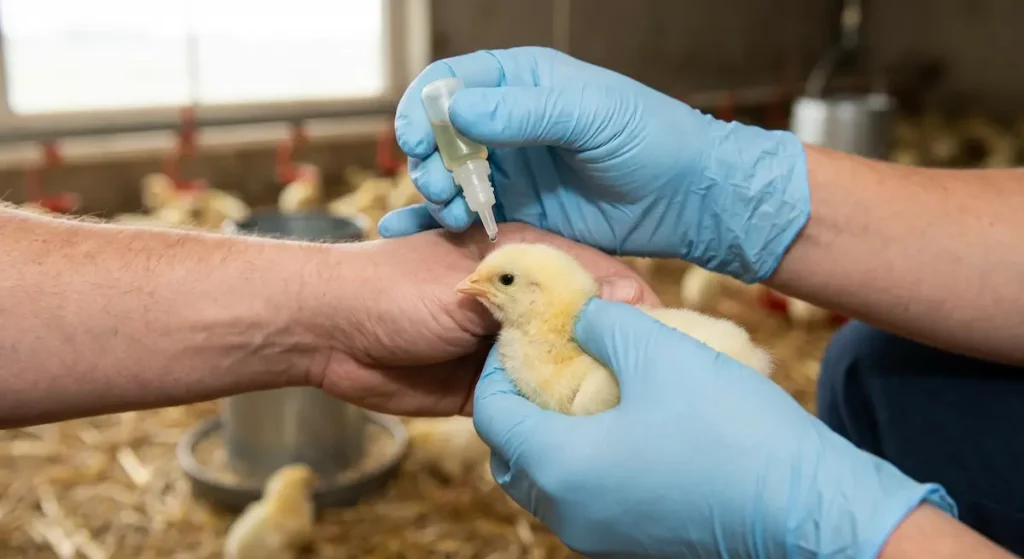 عامل مزرعة يرتدي قفازاً طبياً يعطي كتكوتاً صغيراً قطرة لقاح نيوكاسل في العين باستخدام قطارة بلاستيكية ضمن برنامج التحصين