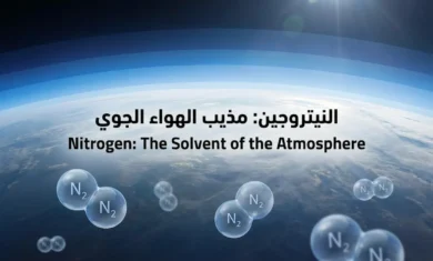 صورة تُظهر الغلاف الجوي للأرض مع جزيئات النيتروجين الغازية، وعبارة "النيتروجين: مذيب الهواء الجوي" في المنتصف