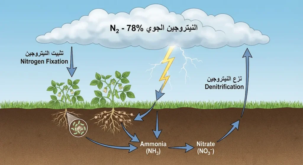 رسم تخطيطي يوضح دورة النيتروجين من الغلاف الجوي إلى التربة والنباتات ثم عودته للغلاف الجوي عبر عمليات التثبيت ونزع النيتروجين